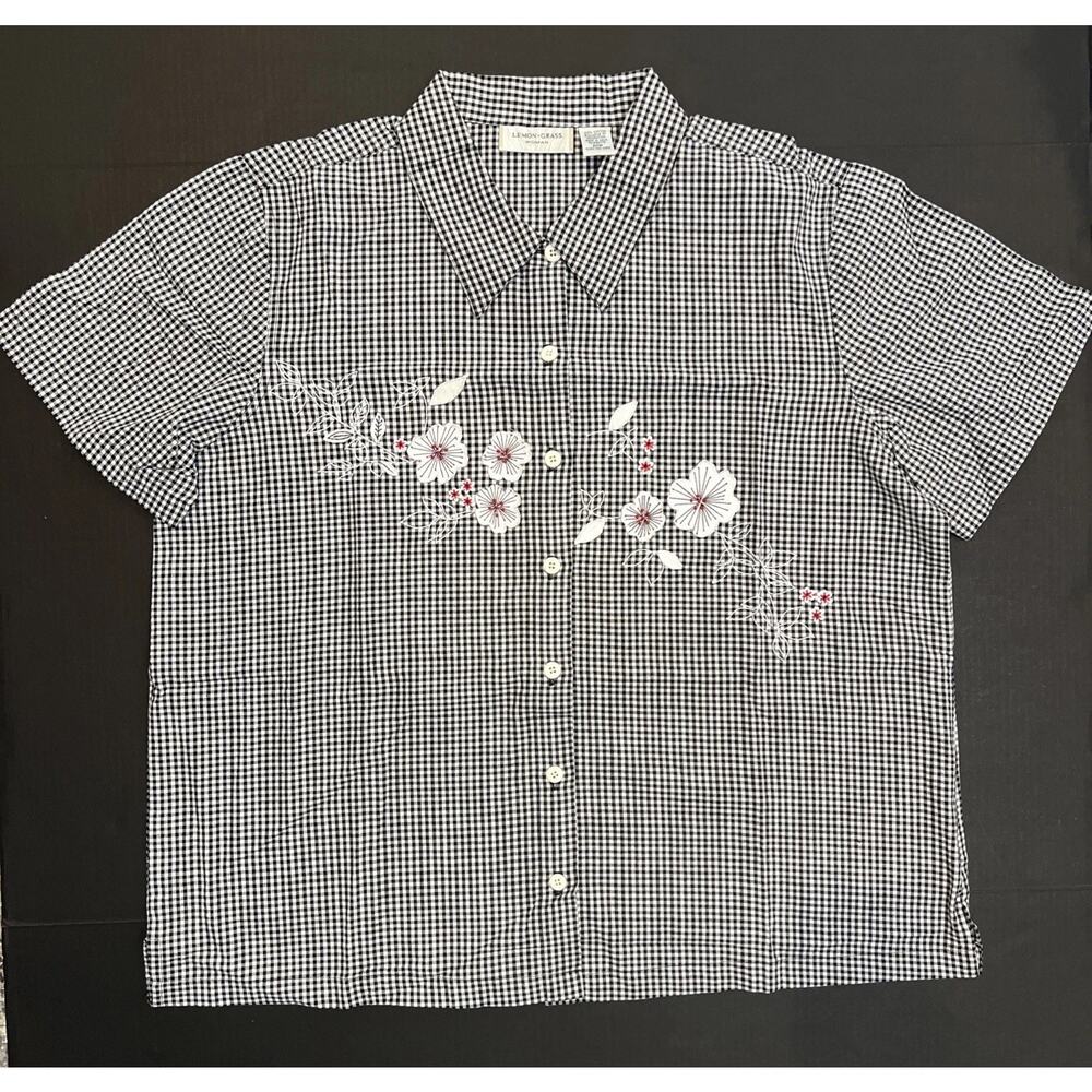 Lemon Grass Blouse Women 20W Black White Gingham Embroidered Poppy Attached Tank